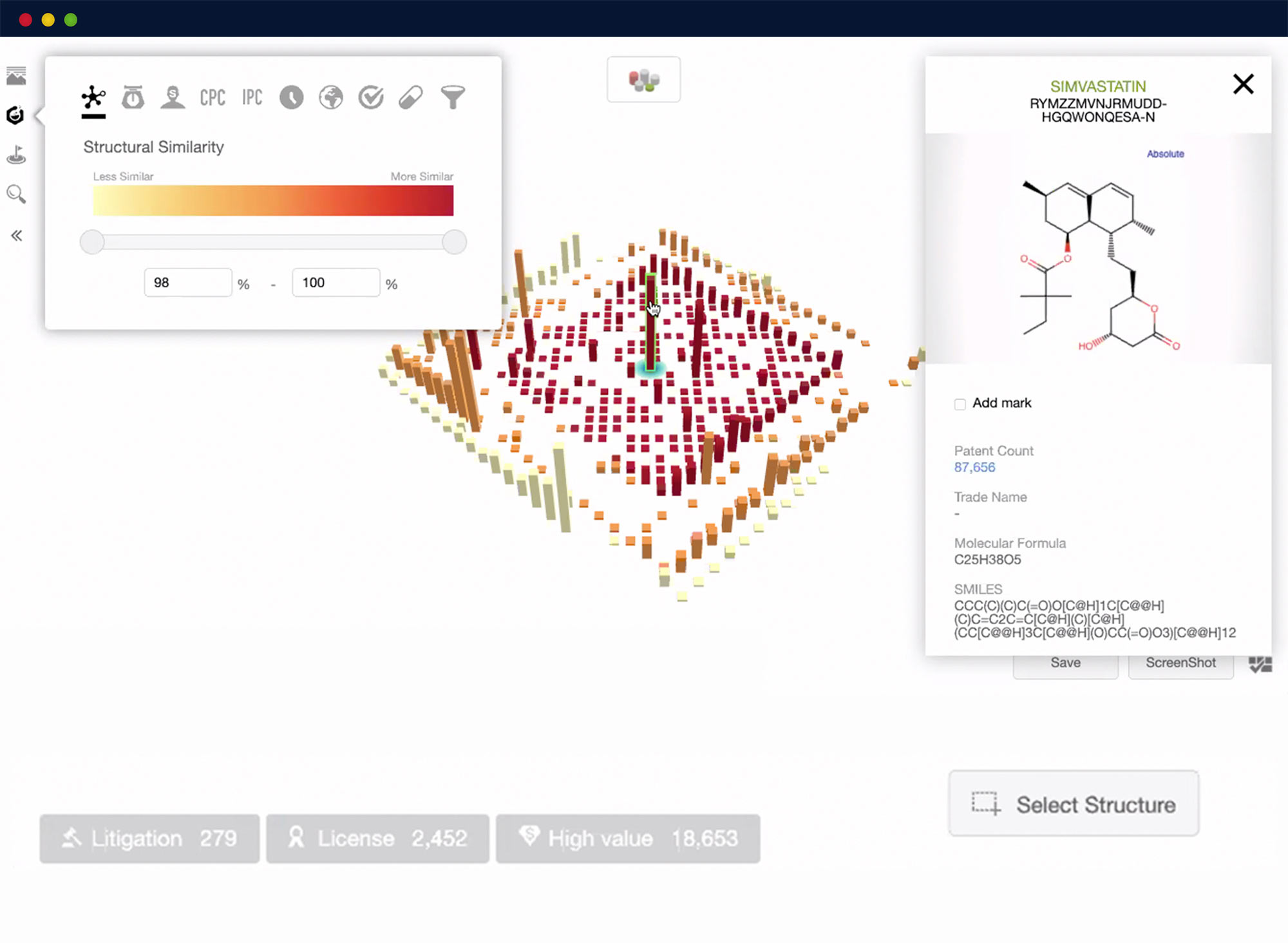 化学構造の類似性を示す化学プラットフォームのスクリーン グラブ