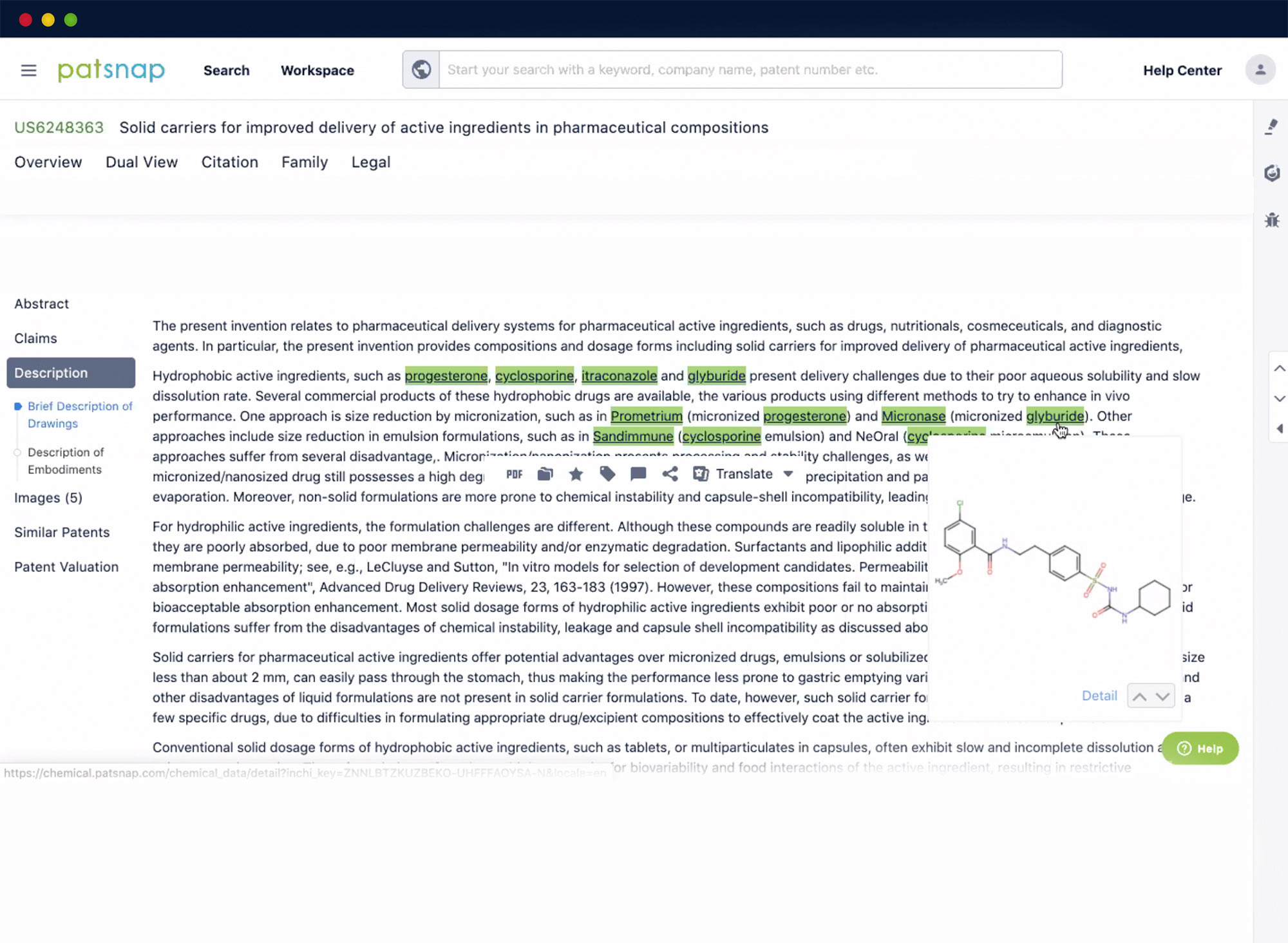 Chemical platform screen grab of a patent description