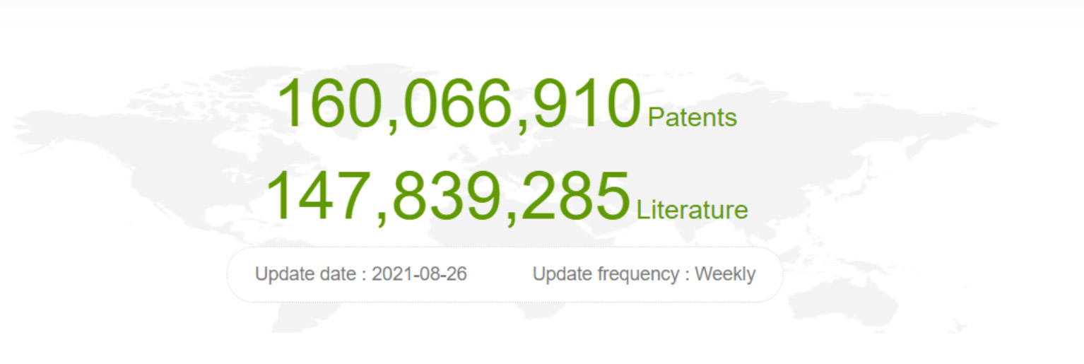 PatSnap statiscal graphic showing PatSnap statistics as of 2021-08-26: 160,066,910 patents; 147,839,285 literature sources.