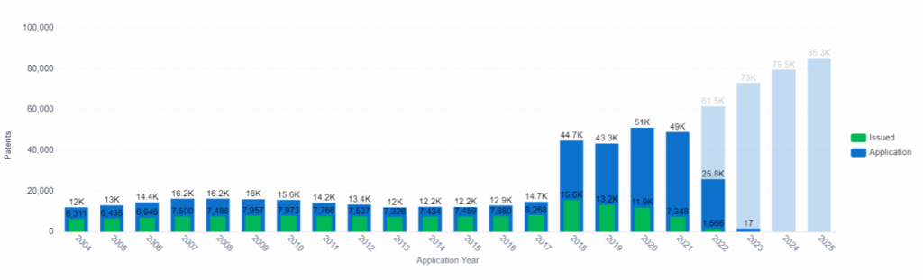 Patent Application and Issue Trend、Computer Modeling、PatSnap Insights (注: 2022 年以降のデータは、18 か月の出願期間があるため不完全です)。