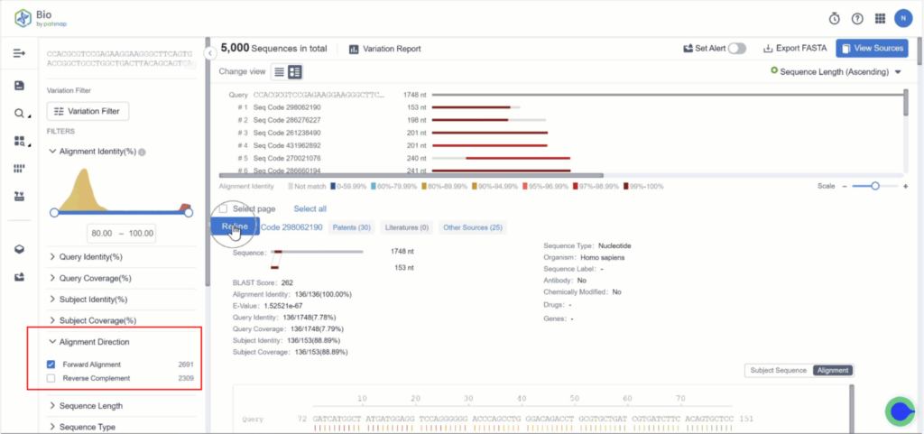 순방향 정렬 시퀀스 결과, Patsnap Bio