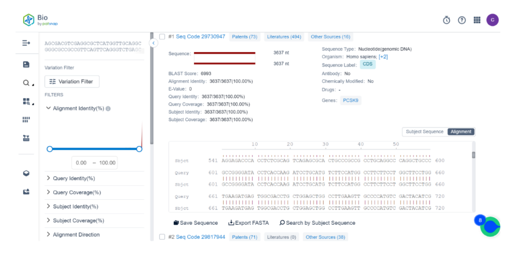 Patsnap Bio Sequence Search 強化された配列と遺伝子の関係